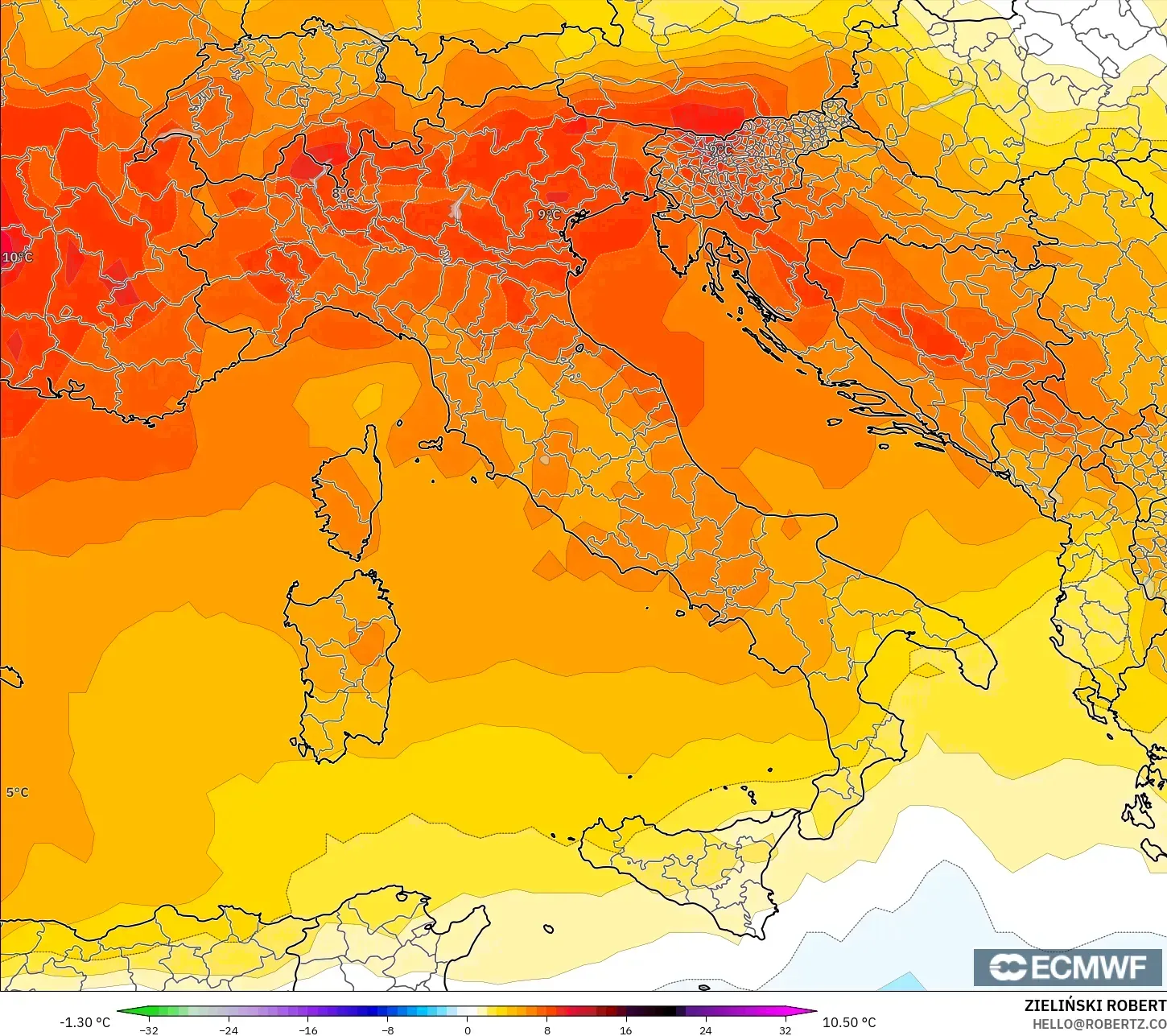 ECMWF IFS 0.25° modelo - Italia, Anomalía de temperatura a 850 hPa