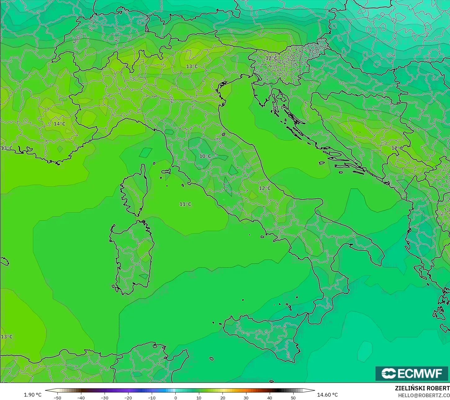ECMWF IFS 0.25° modelo - Italia, Temperatura a 850 hPa