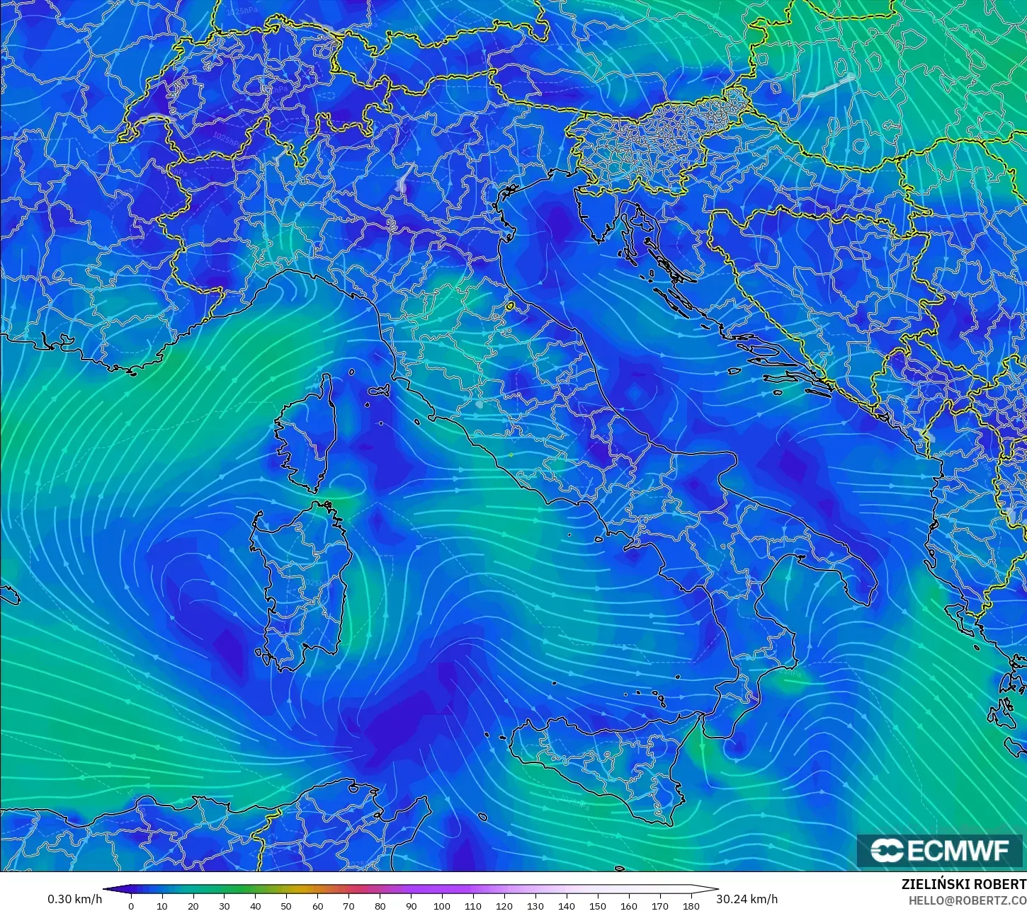 ECMWF IFS 0.25° modelo - Italia, Viento a 10 m