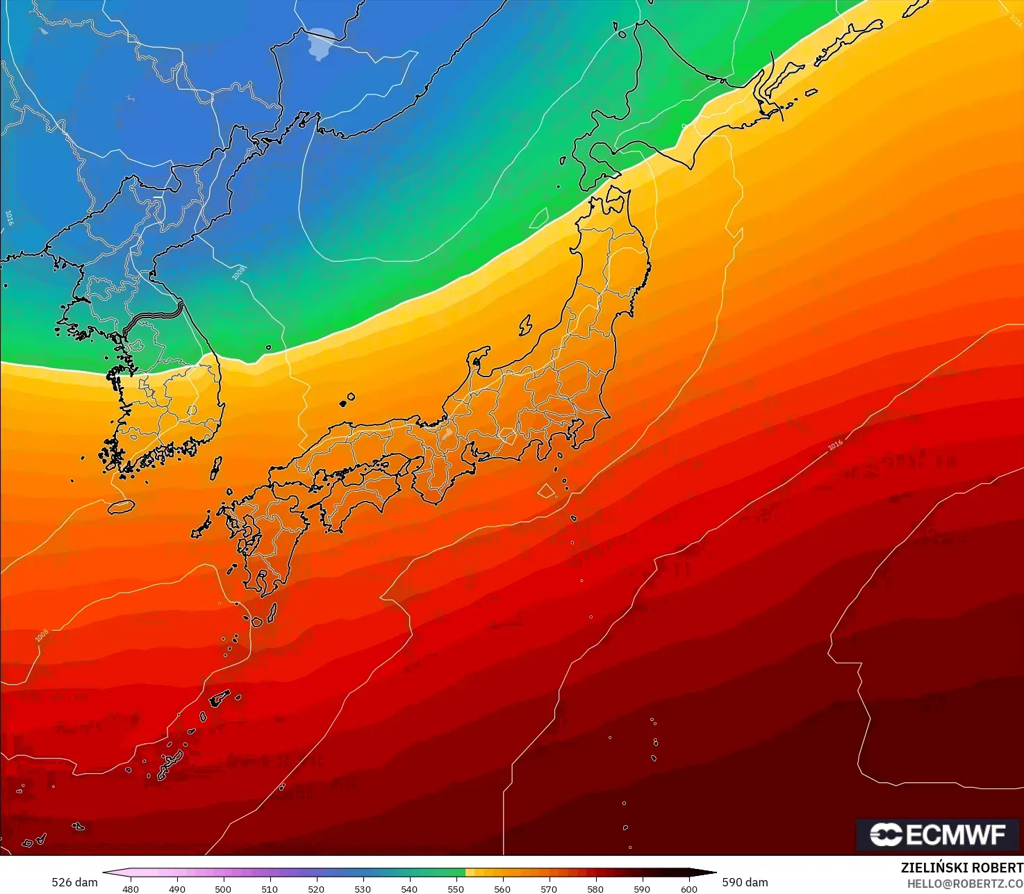 ECMWF IFS 0.25° modelo - Japón, Altura geopotencial a 500 hPa