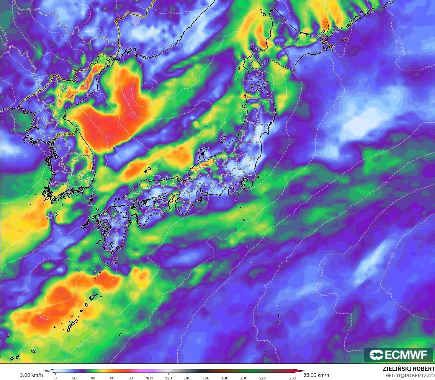 ECMWF IFS 0.25° modelo - Japón, Ráfagas de Viento Máximas