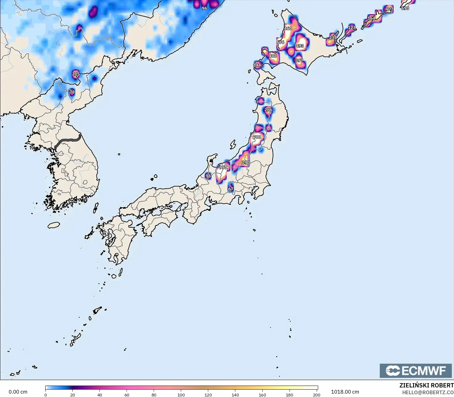 ECMWF IFS 0.25° modelo - Japón, Profundidad de nieve