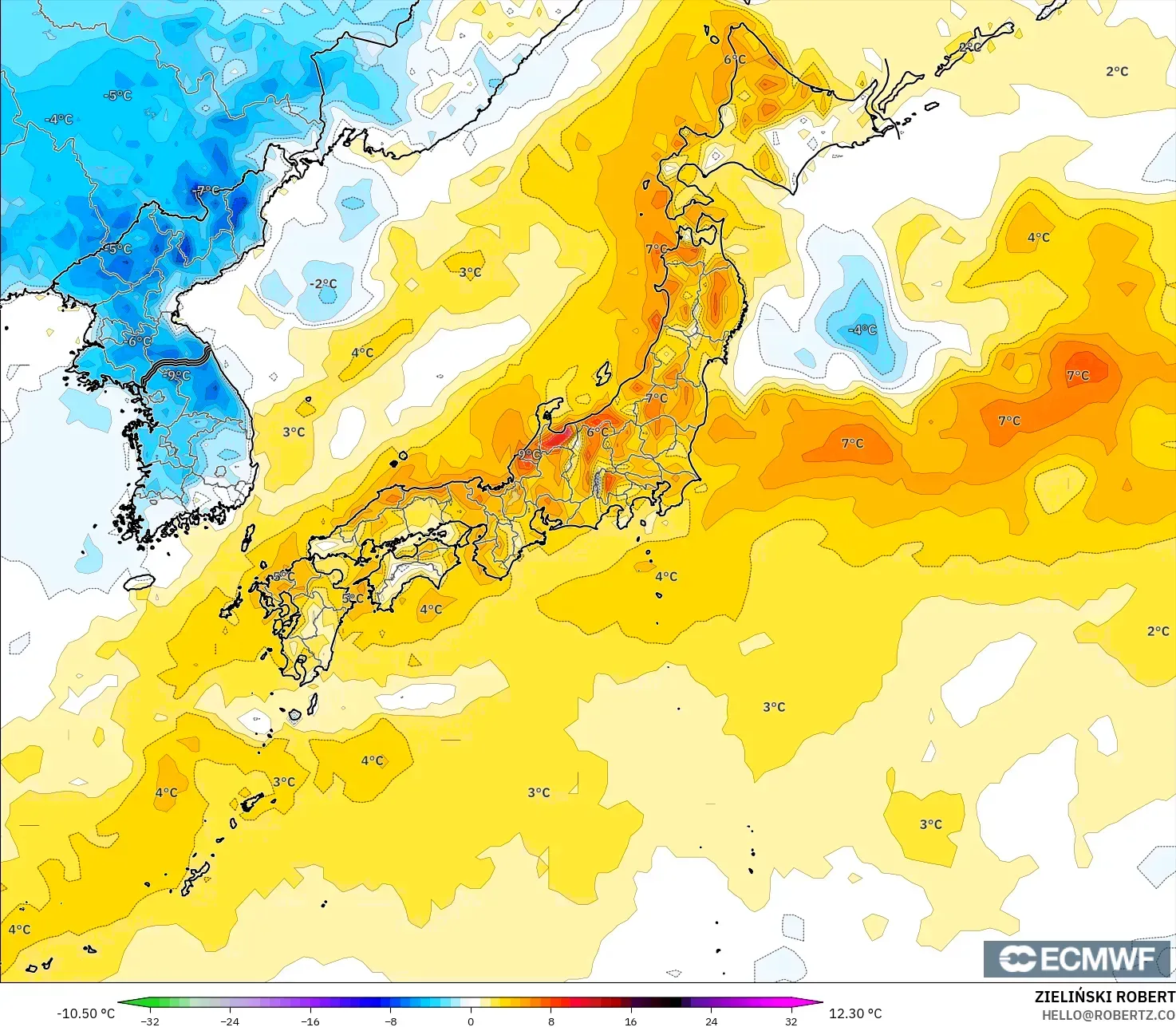 ECMWF IFS 0.25° modelo - Japón, Anomalía de temperatura a 2 m