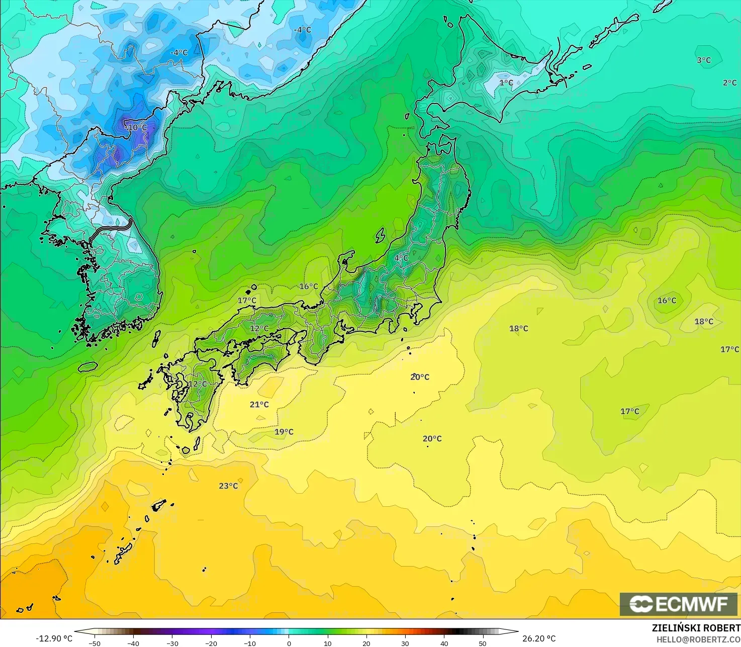 ECMWF IFS 0.25° modelo - Japón, Temperatura a 2 m