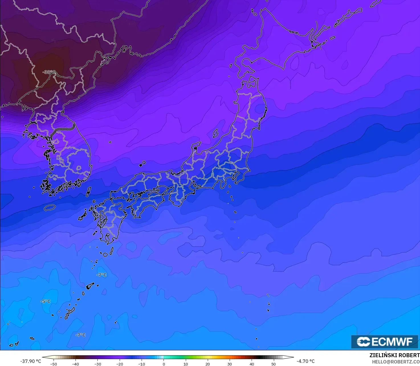 ECMWF IFS 0.25° modelo - Japón, Temperatura a 500 hPa