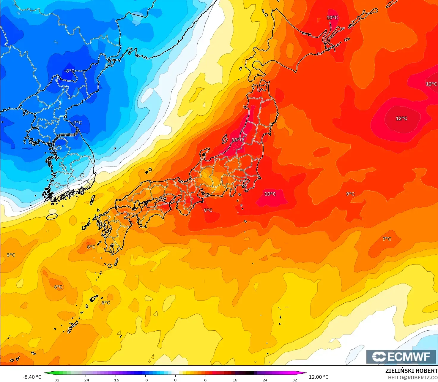 ECMWF IFS 0.25° modelo - Japón, Anomalía de temperatura a 850 hPa