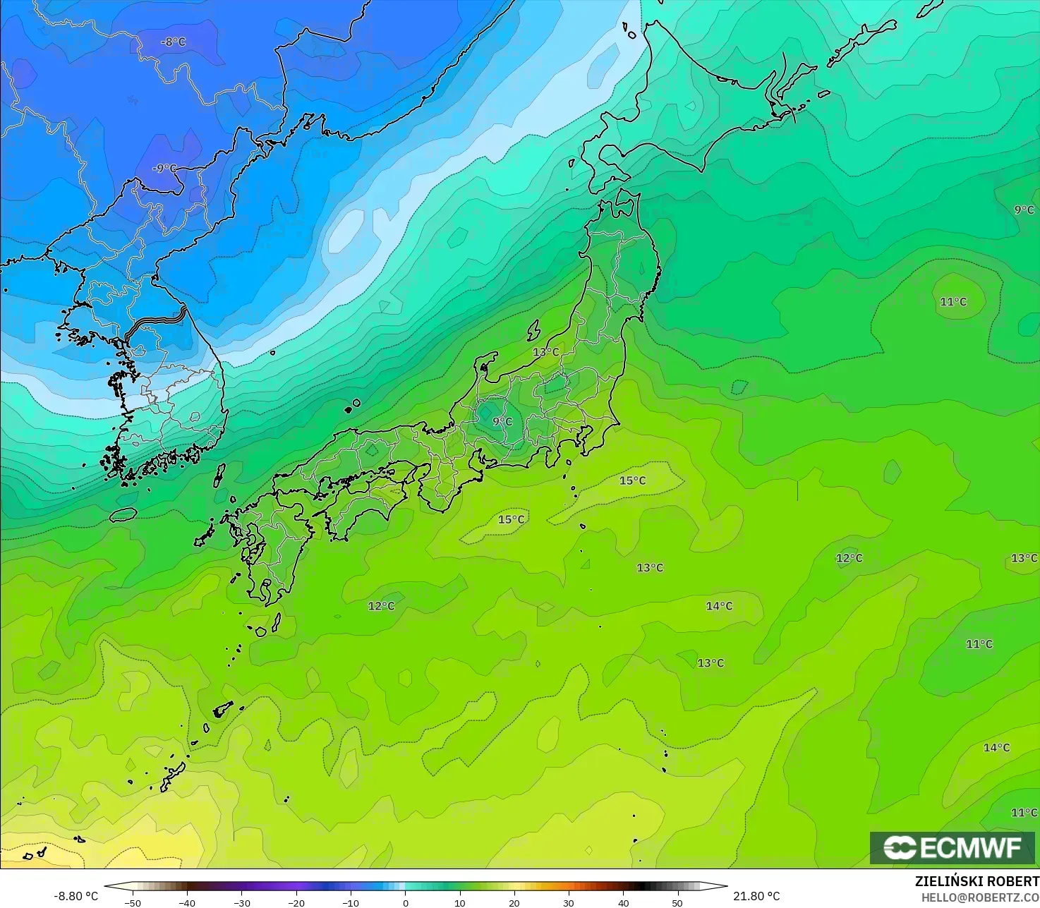 ECMWF IFS 0.25° modelo - Japón, Temperatura a 850 hPa