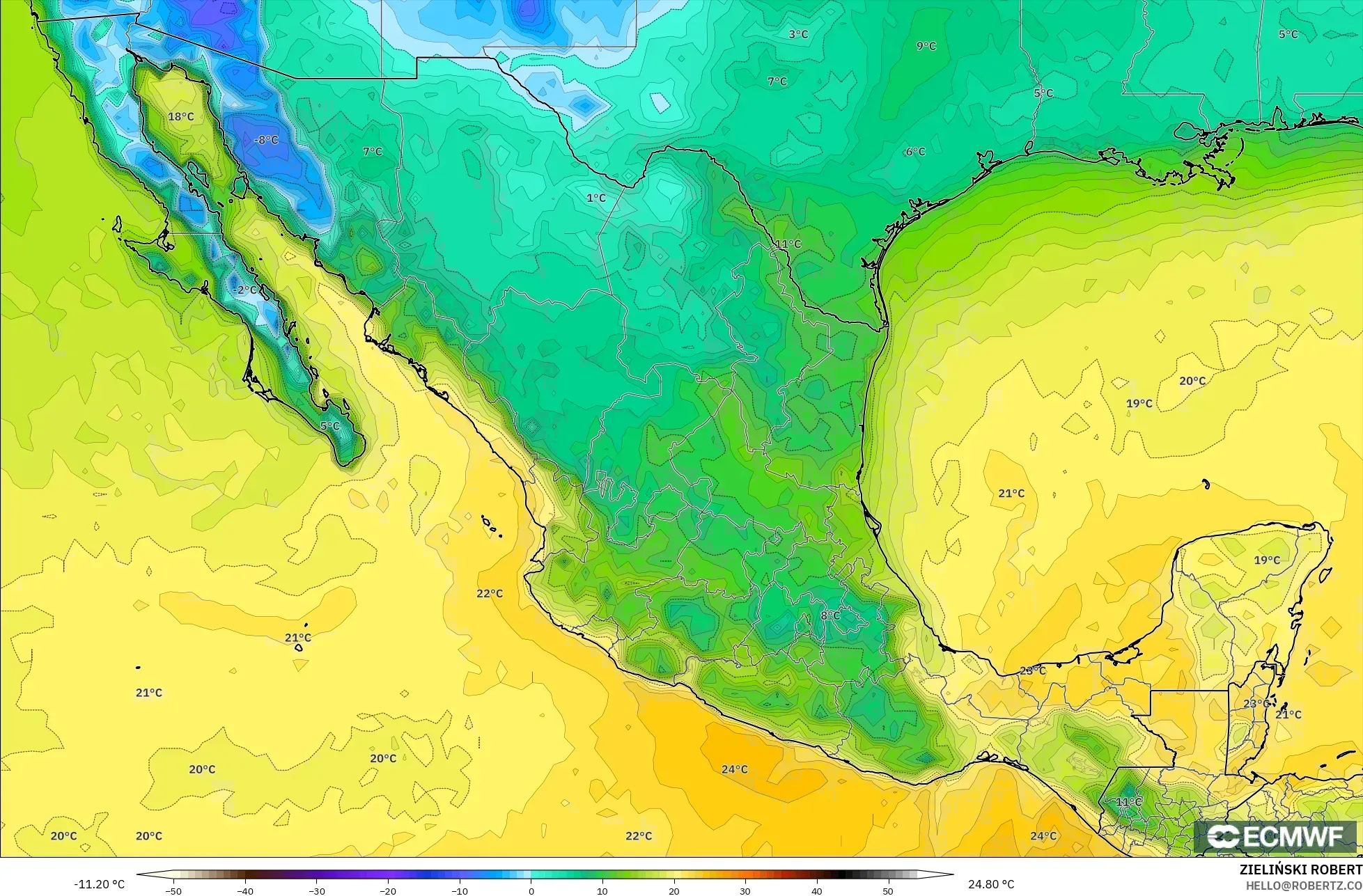 ECMWF IFS 0.25° modelo - México, Punto de rocío a 2 m