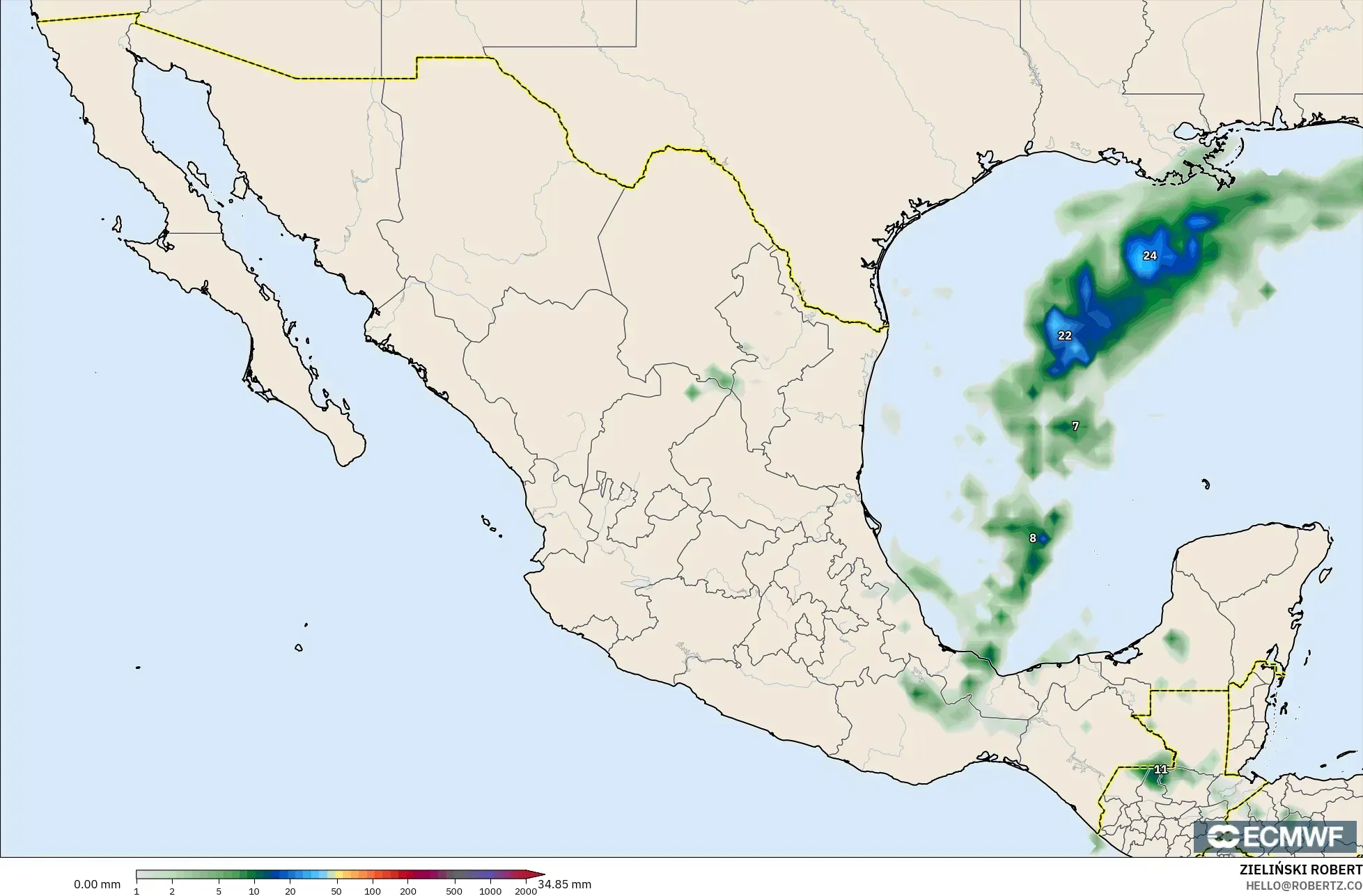 ECMWF IFS 0.25° modelo - México, Acumulación de precipitación