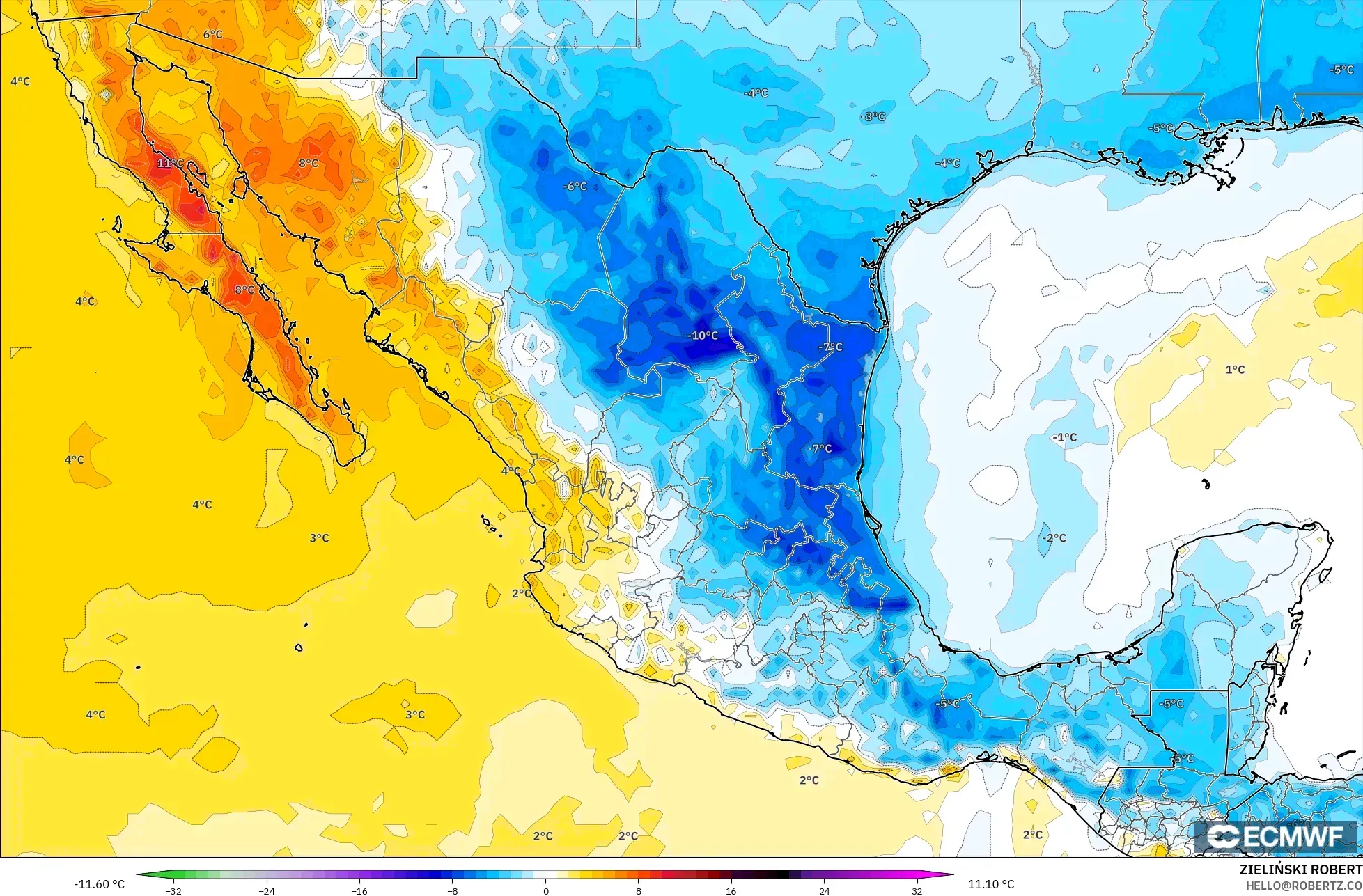 ECMWF IFS 0.25° modelo - México, Anomalía de temperatura a 2 m