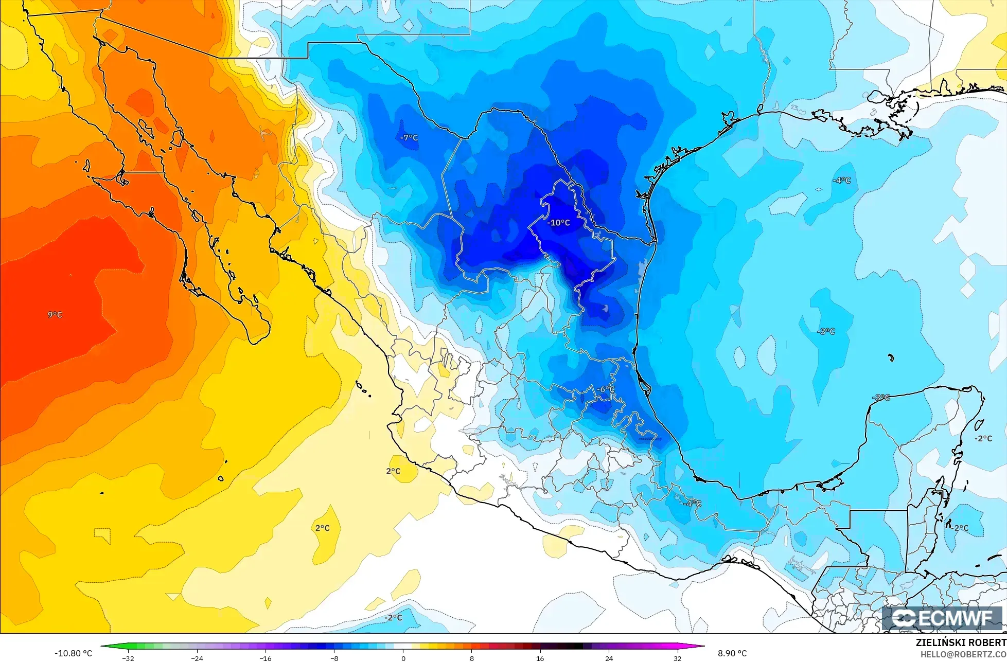 ECMWF IFS 0.25° modelo - México, Anomalía de temperatura a 850 hPa