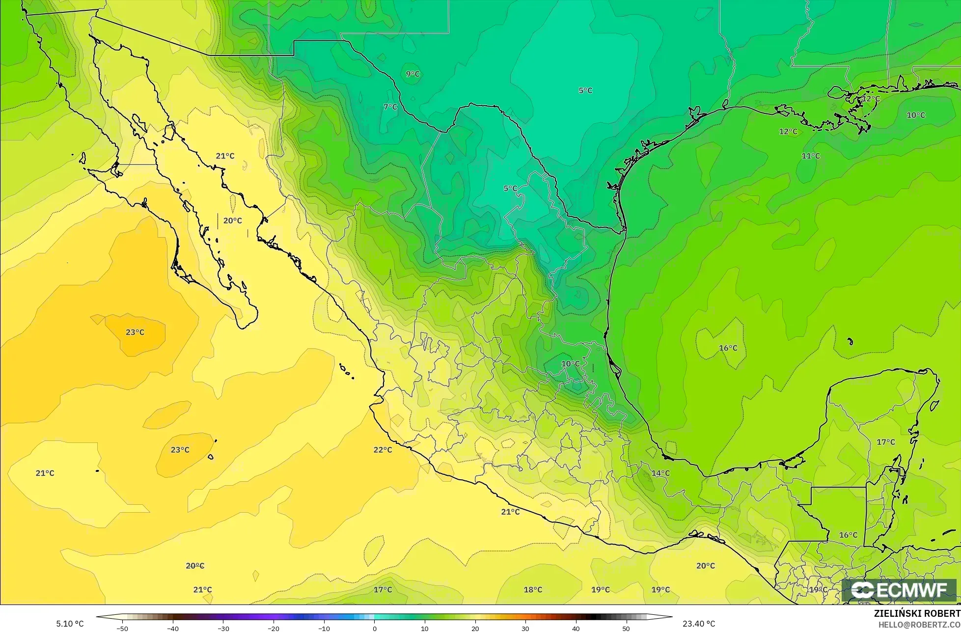 ECMWF IFS 0.25° modelo - México, Temperatura a 850 hPa