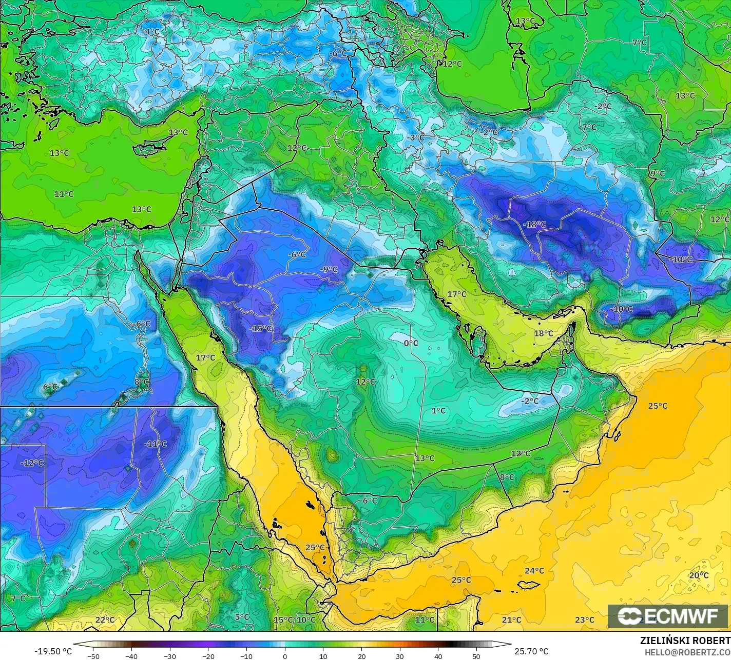 ECMWF IFS 0.25° modelo - Oriente Medio, Punto de rocío a 2 m