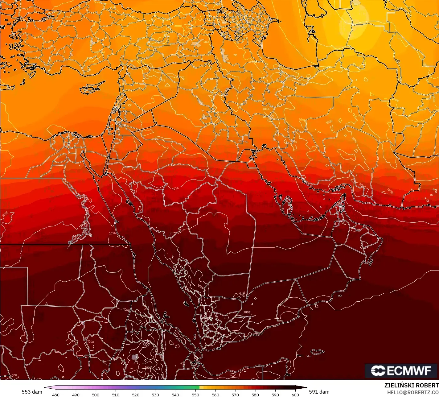 ECMWF IFS 0.25° modelo - Oriente Medio, Altura geopotencial a 500 hPa