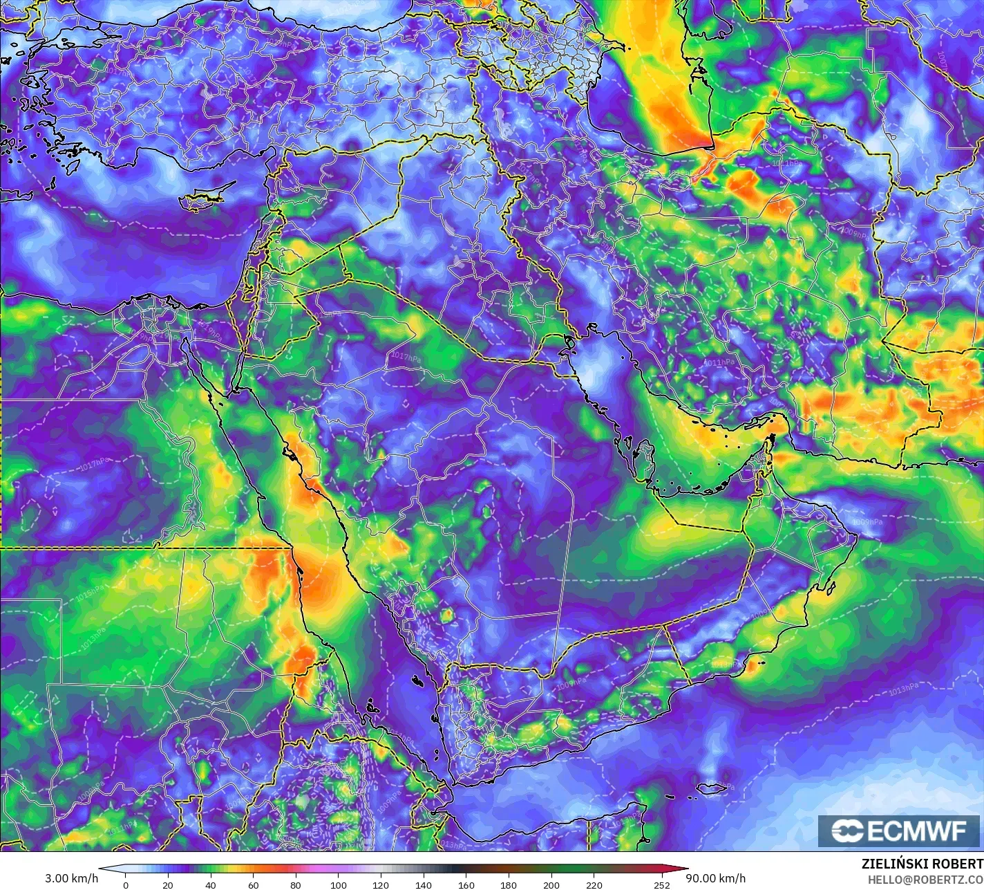 ECMWF IFS 0.25° modelo - Oriente Medio, Ráfagas de viento