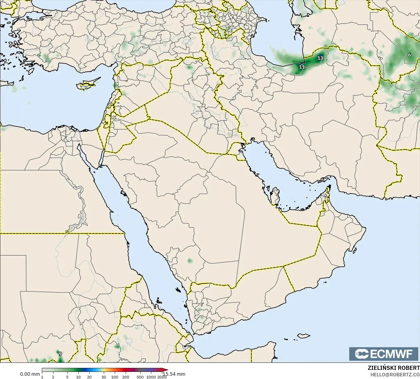 ECMWF IFS 0.25° modelo - Oriente Medio, Acumulación de precipitación