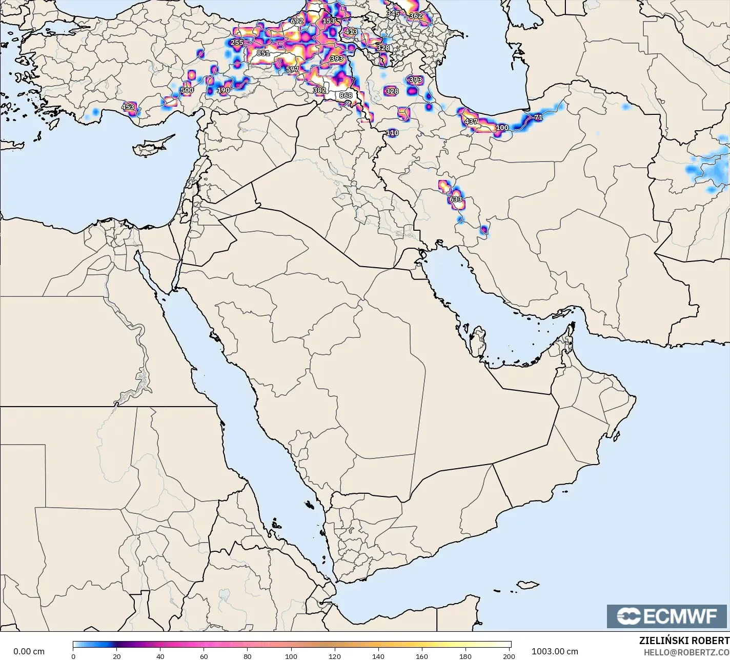 ECMWF IFS 0.25° modelo - Oriente Medio, Profundidad de nieve