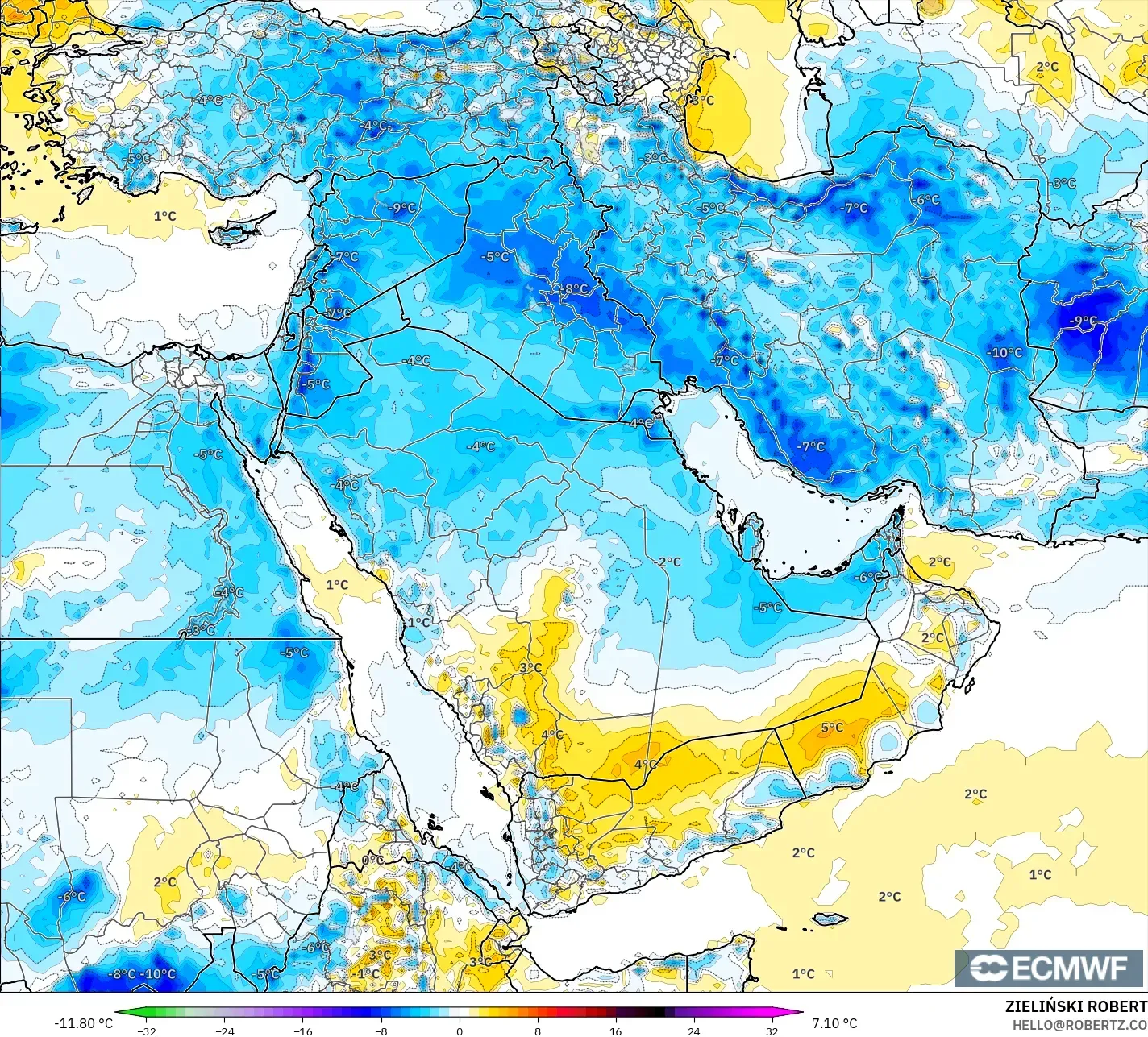 ECMWF IFS 0.25° modelo - Oriente Medio, Anomalía de temperatura a 2 m