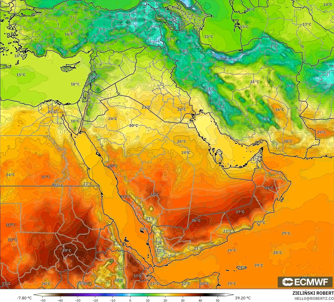 ECMWF IFS 0.25° modelo - Oriente Medio, Temperatura a 2 m