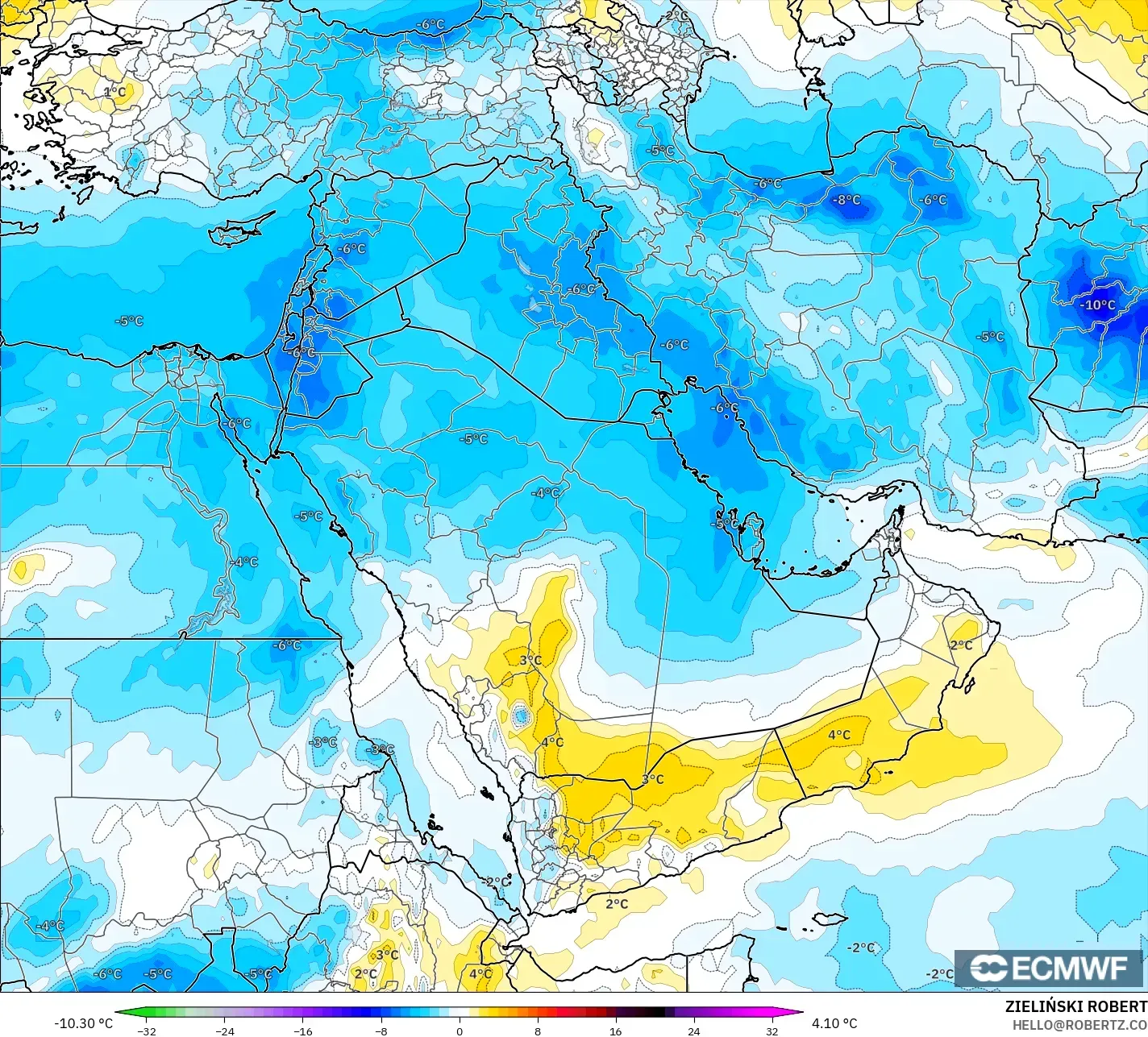 ECMWF IFS 0.25° modelo - Oriente Medio, Anomalía de temperatura a 850 hPa