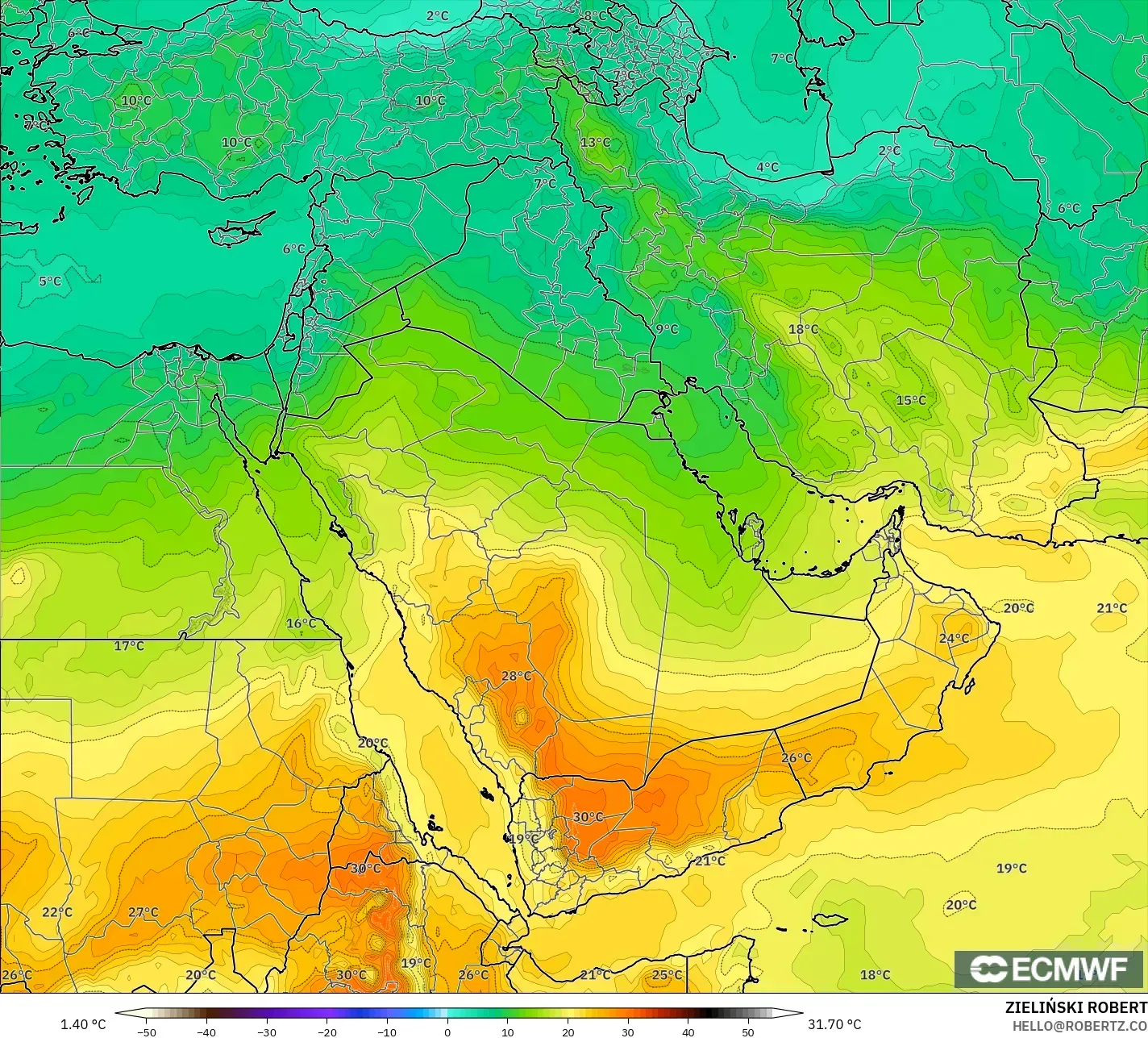 ECMWF IFS 0.25° modelo - Oriente Medio, Temperatura a 850 hPa