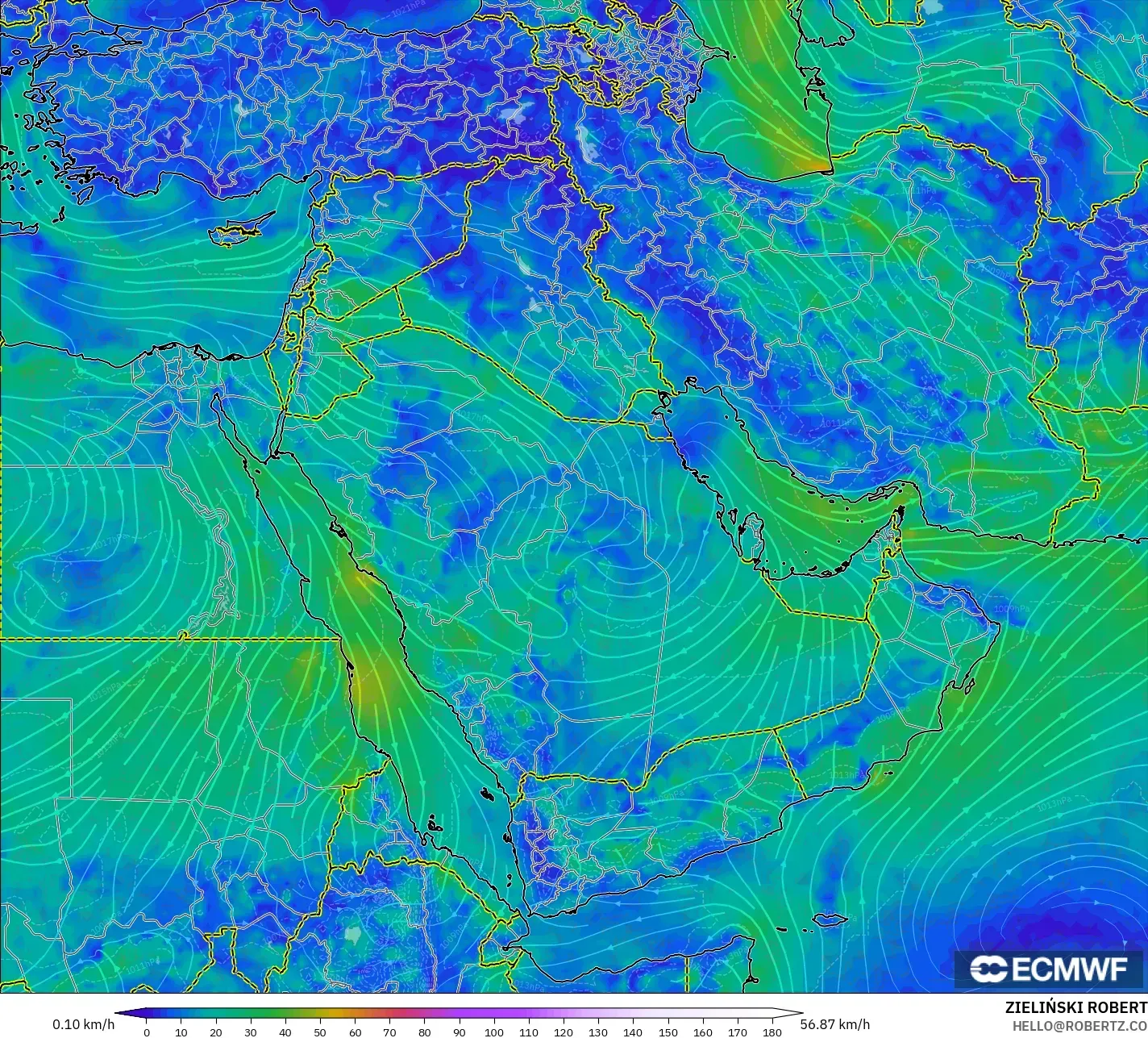 ECMWF IFS 0.25° modelo - Oriente Medio, Viento a 10 m