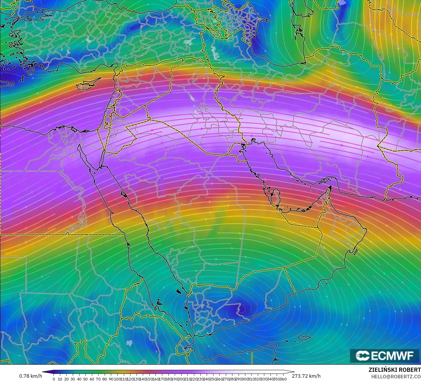 ECMWF IFS 0.25° modelo - Oriente Medio, Viento a 300 hPa (corriente en chorro)