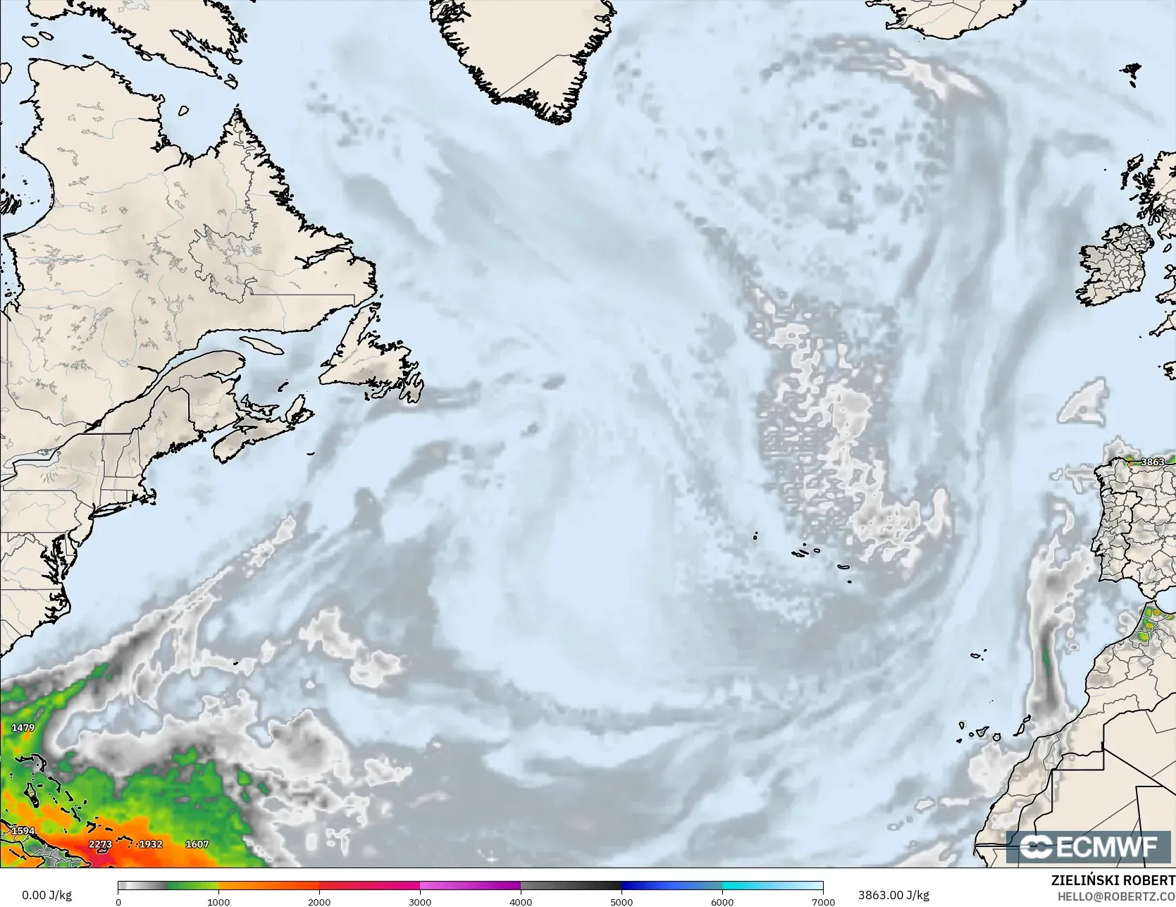 ECMWF IFS 0.25° modelo - Norte Atlántico, CAPE