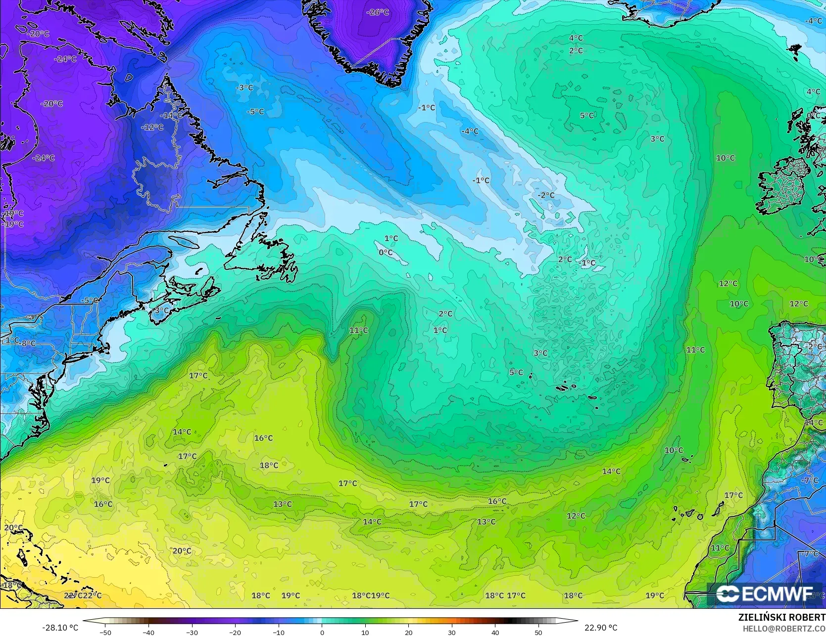 ECMWF IFS 0.25° modelo - Norte Atlántico, Punto de rocío a 2 m