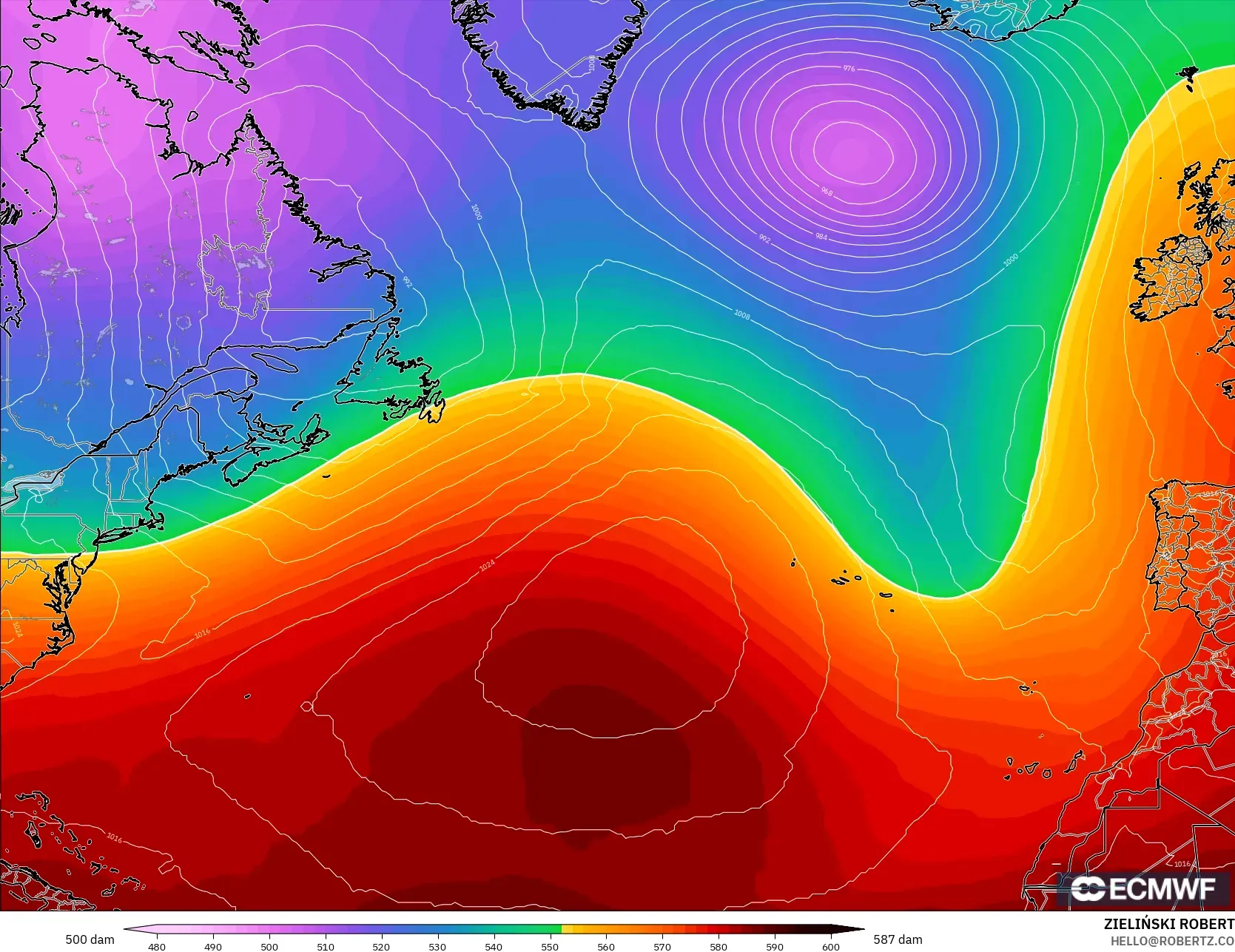 ECMWF IFS 0.25° modelo - Norte Atlántico, Altura geopotencial a 500 hPa