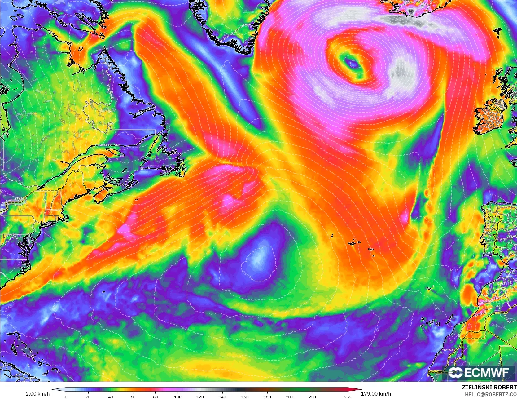 ECMWF IFS 0.25° modelo - Norte Atlántico, Ráfagas de Viento Máximas