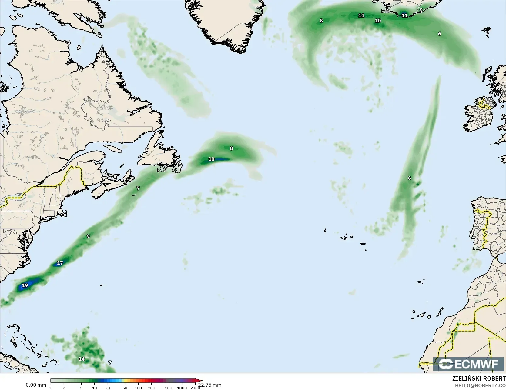 ECMWF IFS 0.25° modelo - Norte Atlántico, Acumulación de precipitación