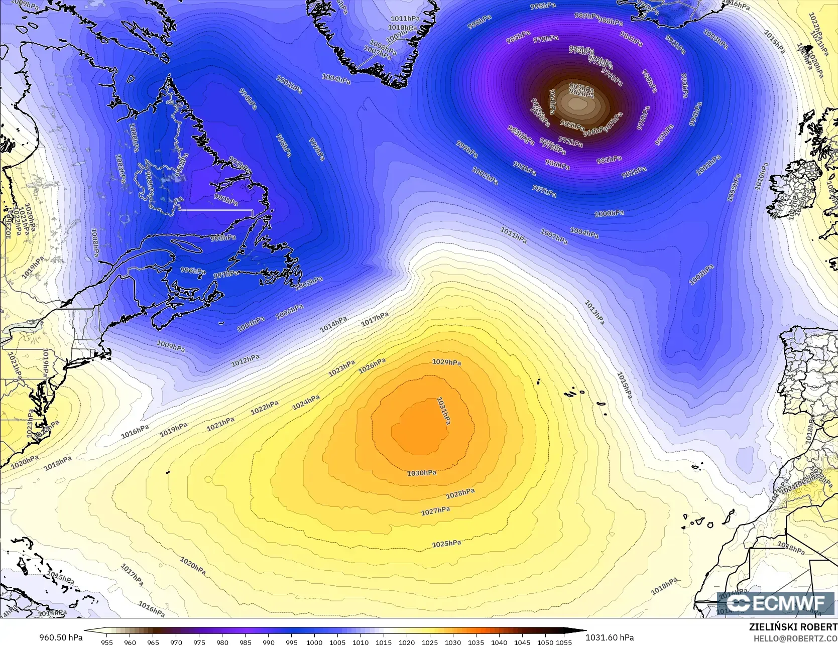 ECMWF IFS 0.25° modelo - Norte Atlántico, Presión