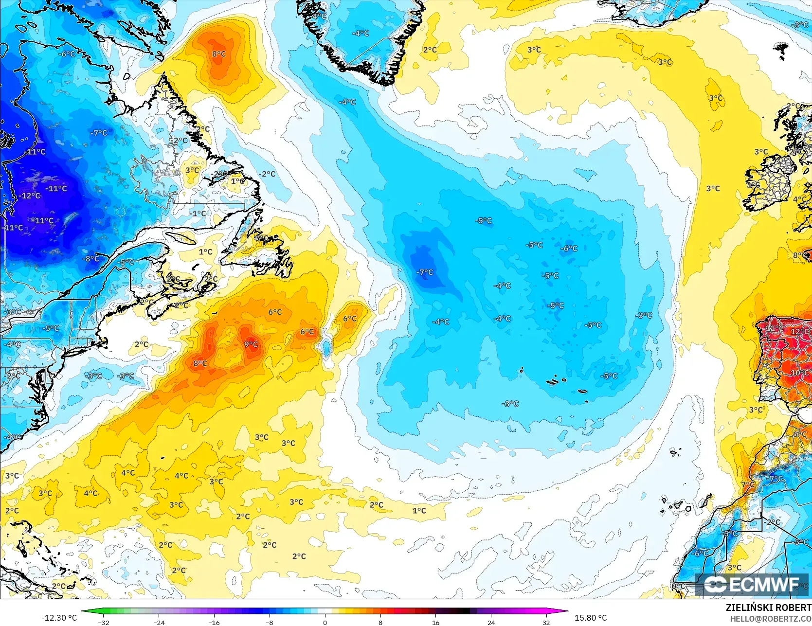 ECMWF IFS 0.25° modelo - Norte Atlántico, Anomalía de temperatura a 2 m