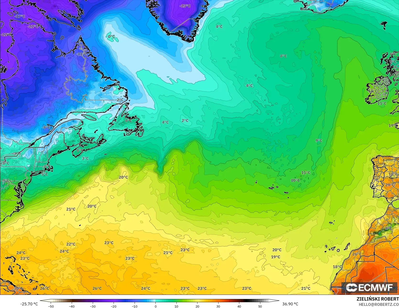 ECMWF IFS 0.25° modelo - Norte Atlántico, Temperatura a 2 m