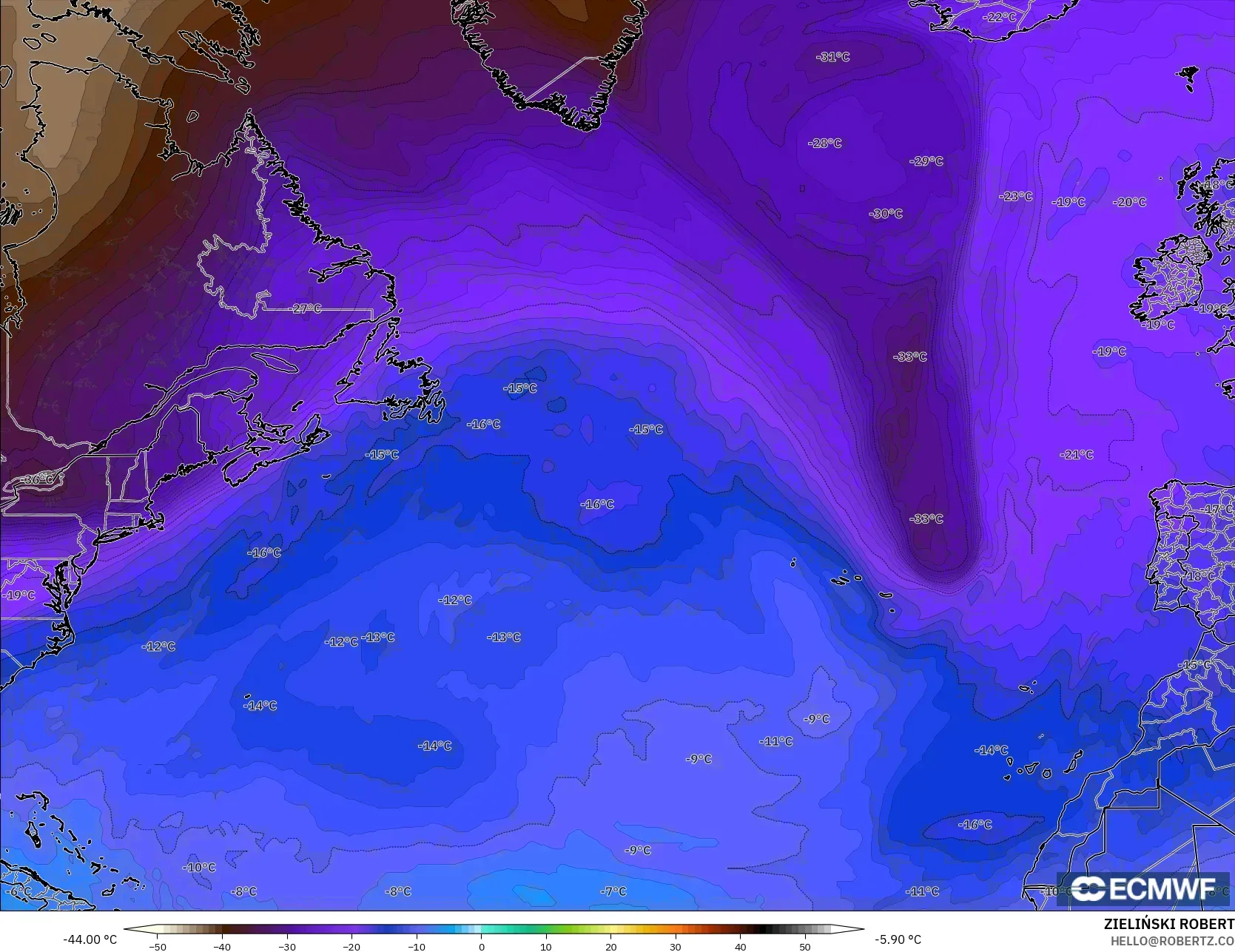 ECMWF IFS 0.25° modelo - Norte Atlántico, Temperatura a 500 hPa