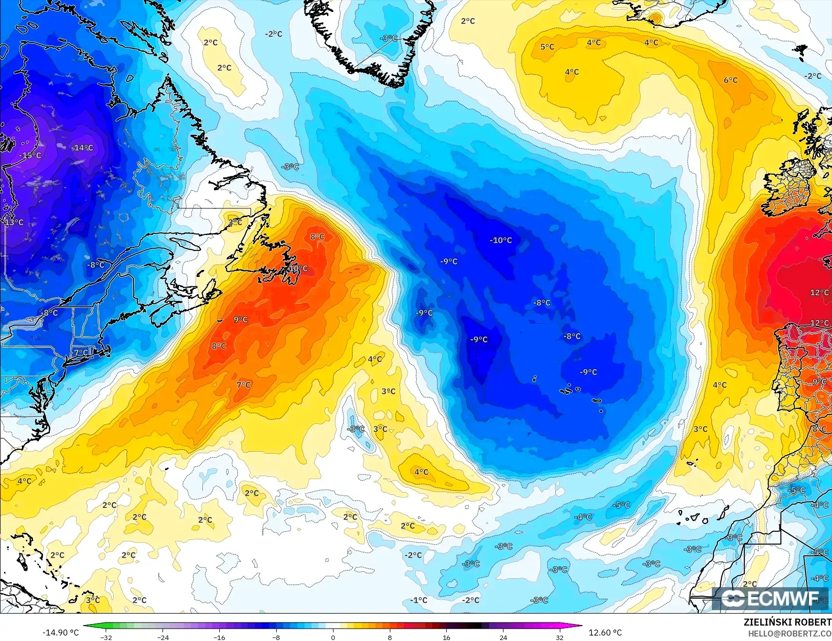 ECMWF IFS 0.25° modelo - Norte Atlántico, Anomalía de temperatura a 850 hPa