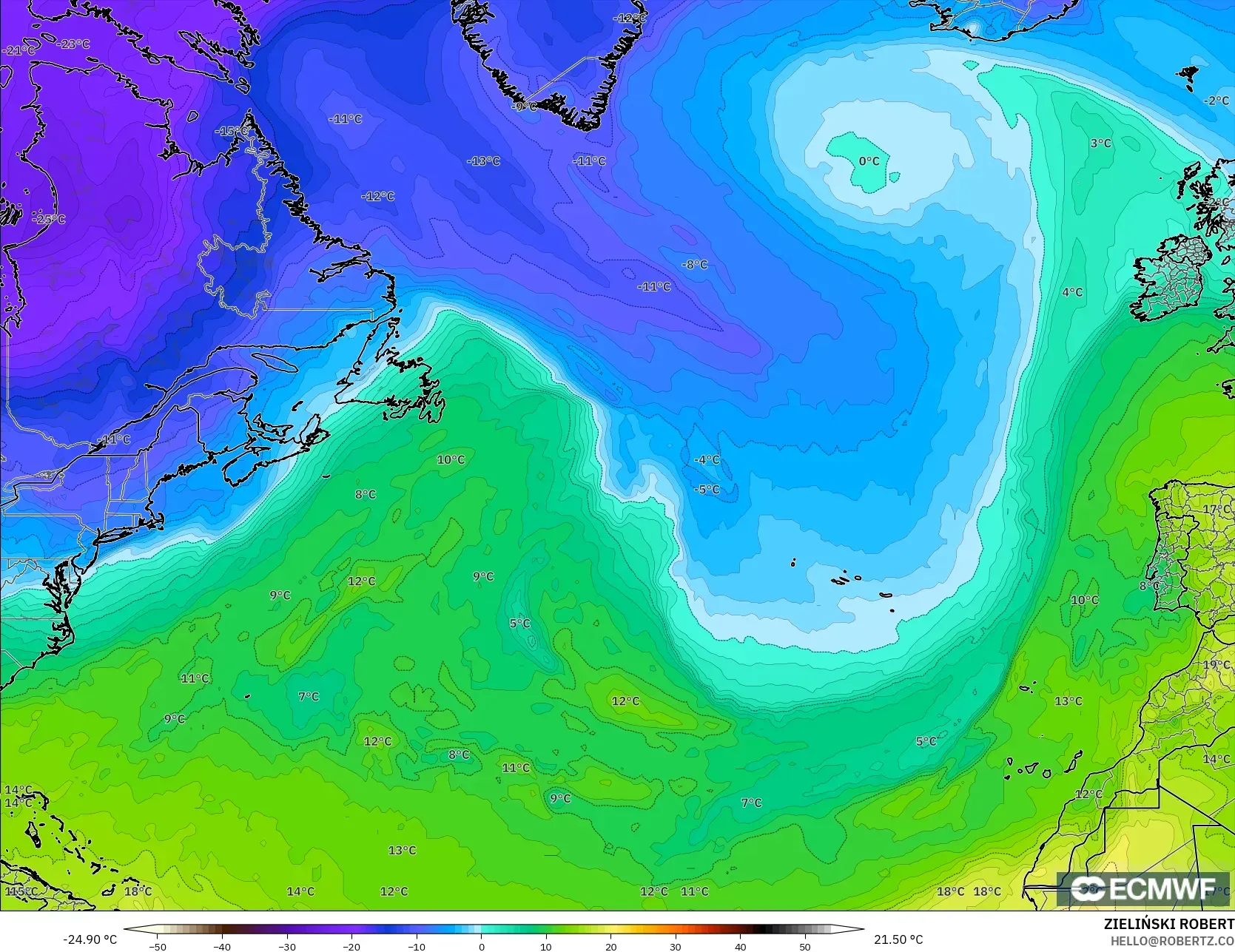 ECMWF IFS 0.25° modelo - Norte Atlántico, Temperatura a 850 hPa