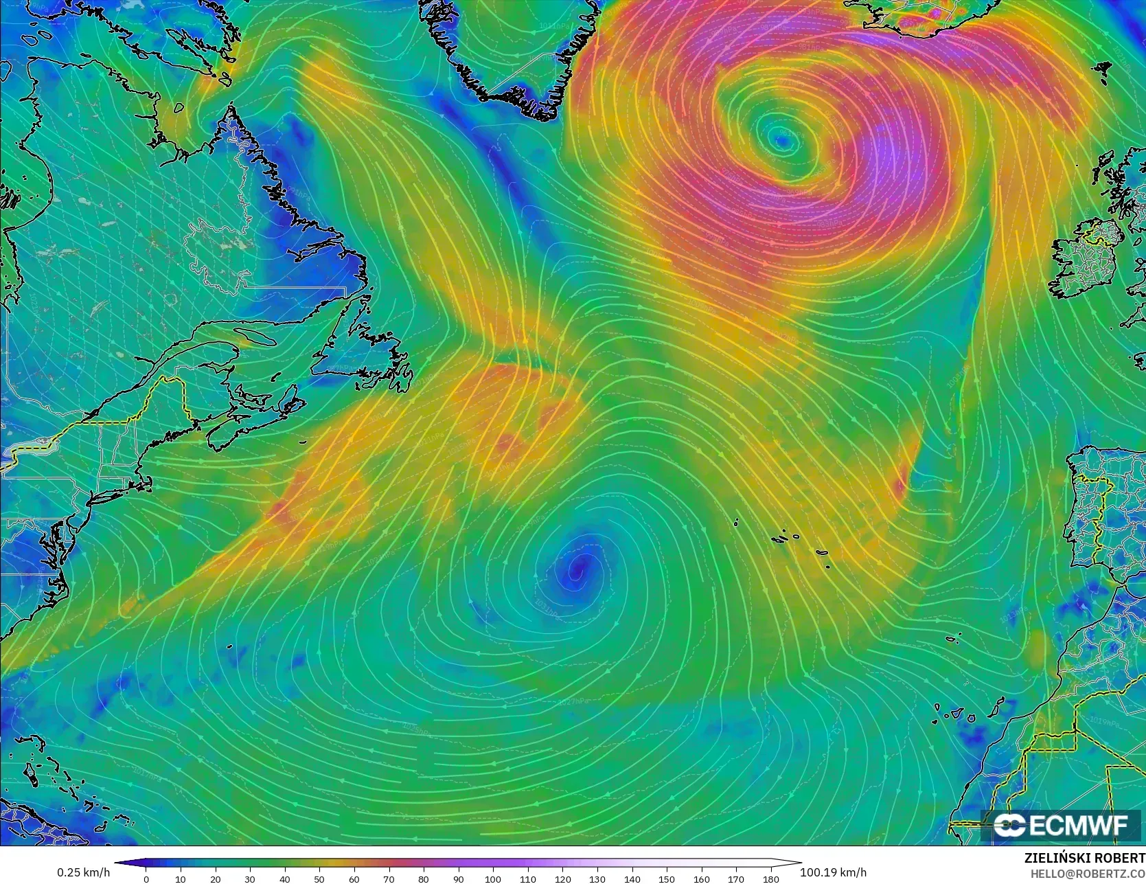 ECMWF IFS 0.25° modelo - Norte Atlántico, Viento a 10 m