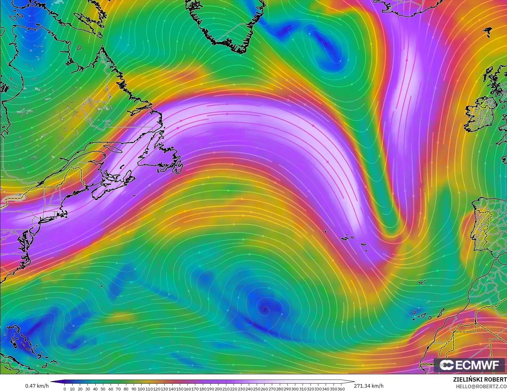 ECMWF IFS 0.25° modelo - Norte Atlántico, Viento a 300 hPa (corriente en chorro)