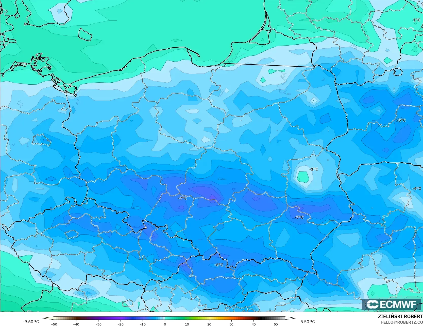 ECMWF IFS 0.25° modelo - Polonia, Punto de rocío a 2 m