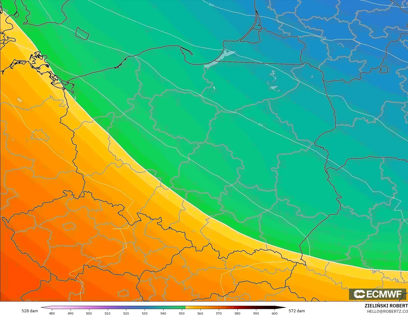 ECMWF IFS 0.25° modelo - Polonia, Altura geopotencial a 500 hPa
