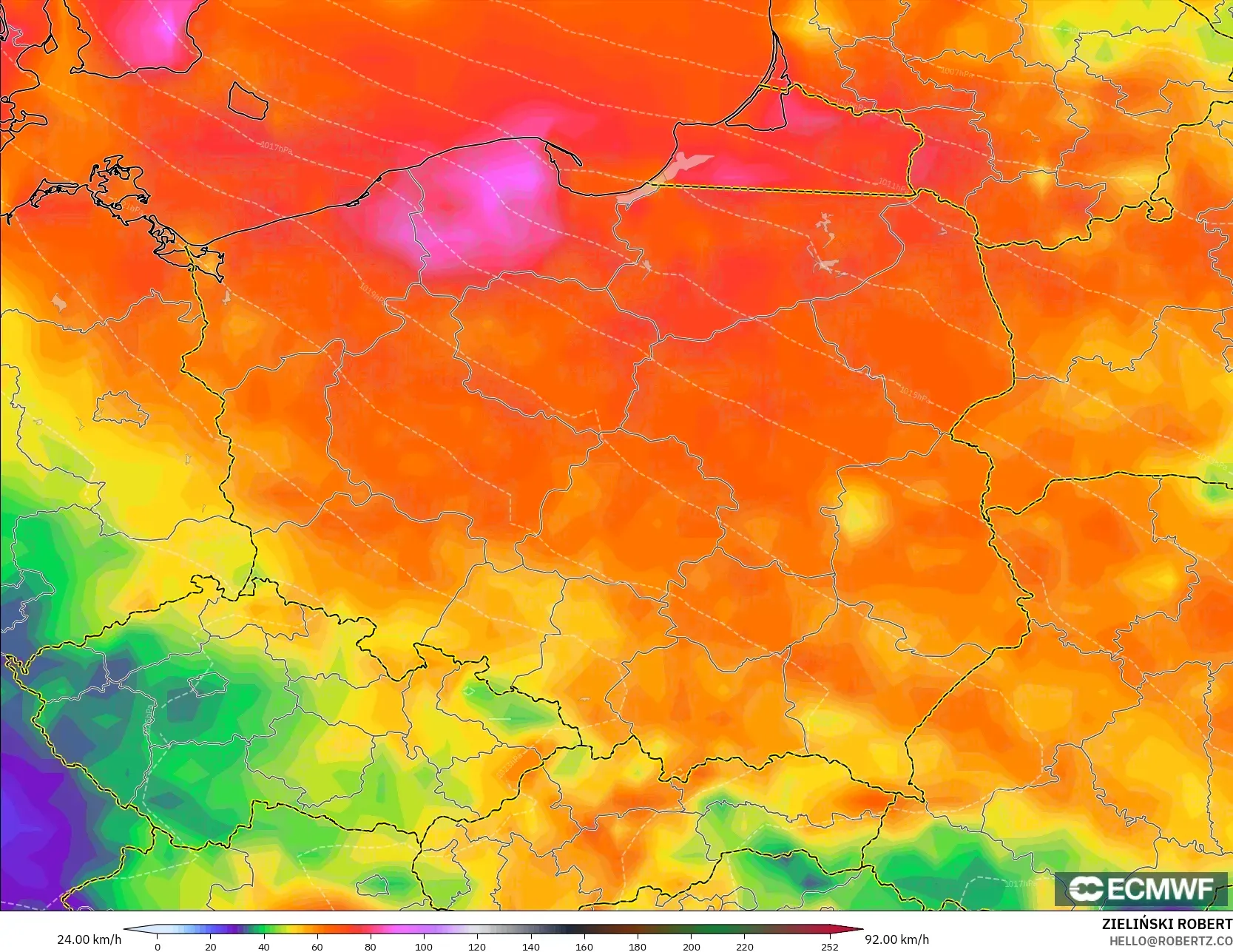 ECMWF IFS 0.25° modelo - Polonia, Ráfagas de viento