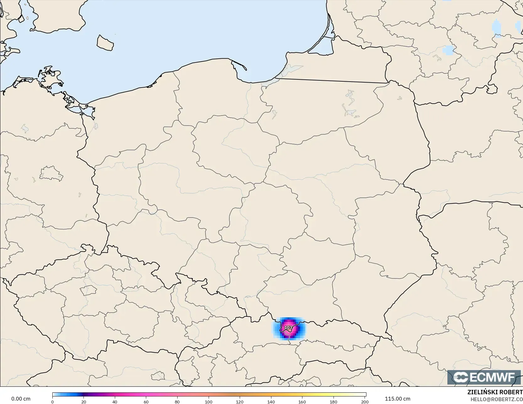 ECMWF IFS 0.25° modelo - Polonia, Profundidad de nieve
