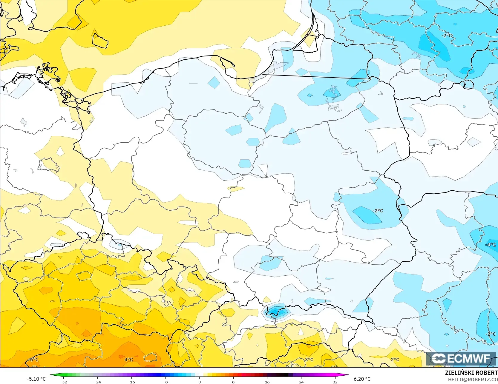 ECMWF IFS 0.25° modelo - Polonia, Anomalía de temperatura a 2 m