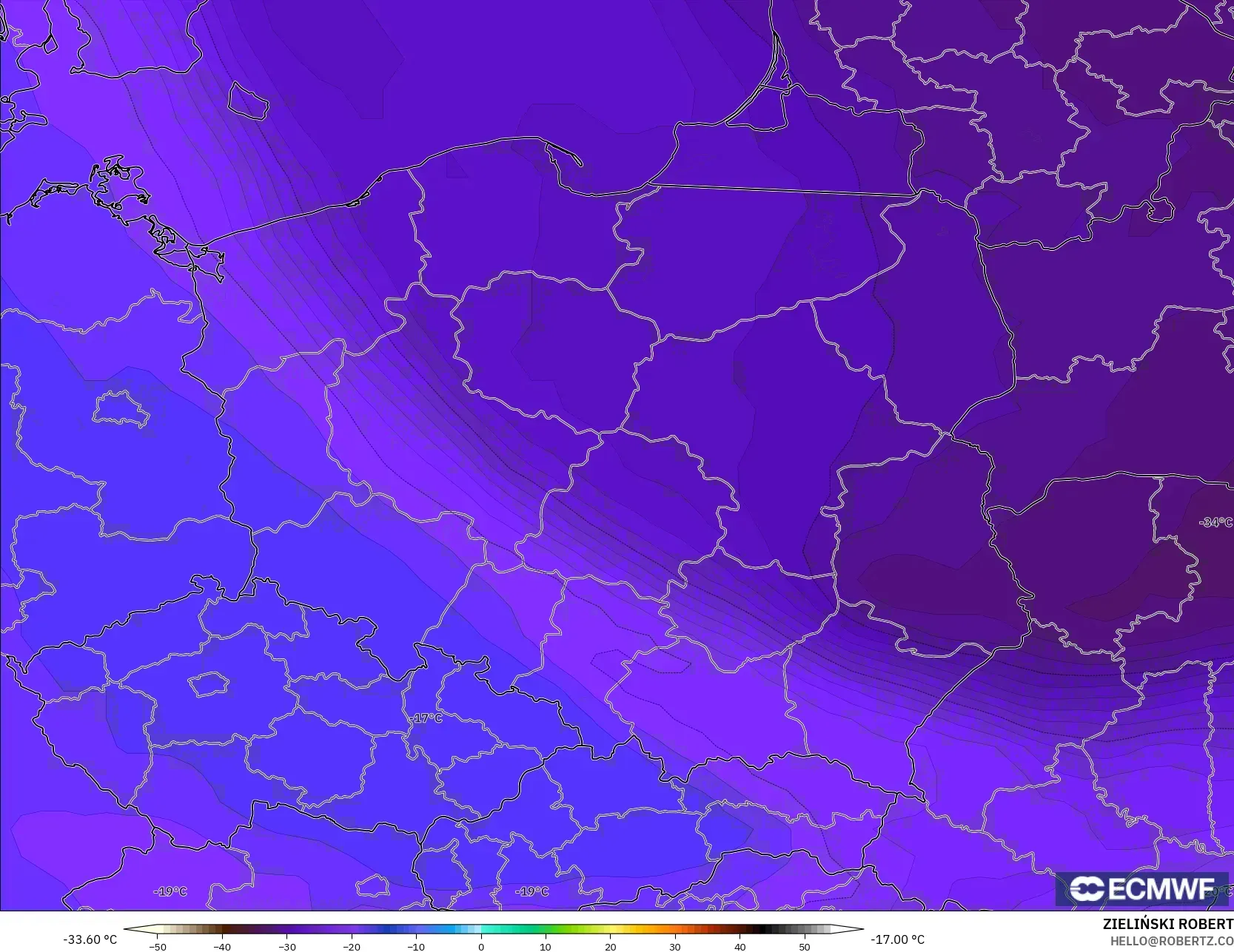 ECMWF IFS 0.25° modelo - Polonia, Temperatura a 500 hPa