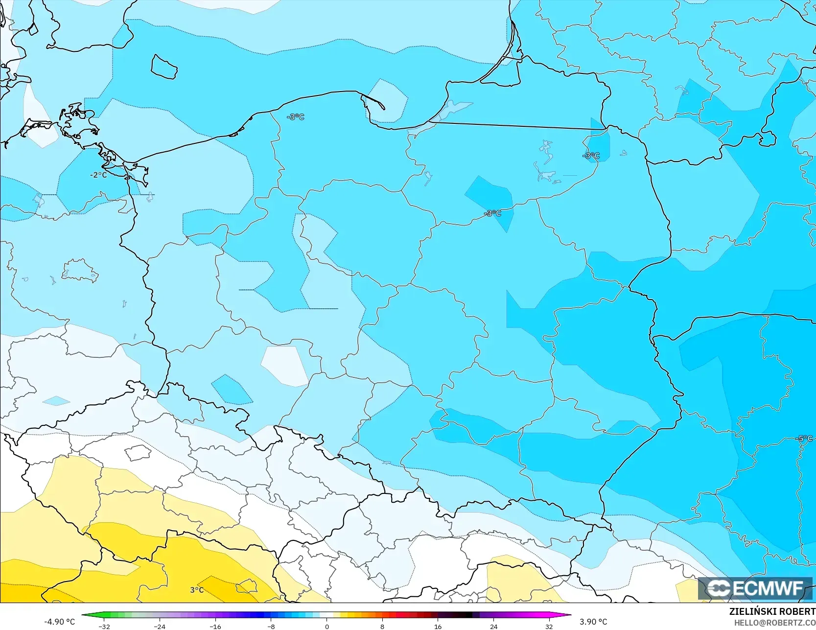 ECMWF IFS 0.25° modelo - Polonia, Anomalía de temperatura a 850 hPa