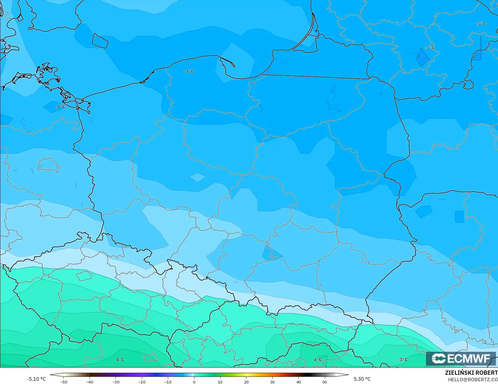 ECMWF IFS 0.25° modelo - Polonia, Temperatura a 850 hPa