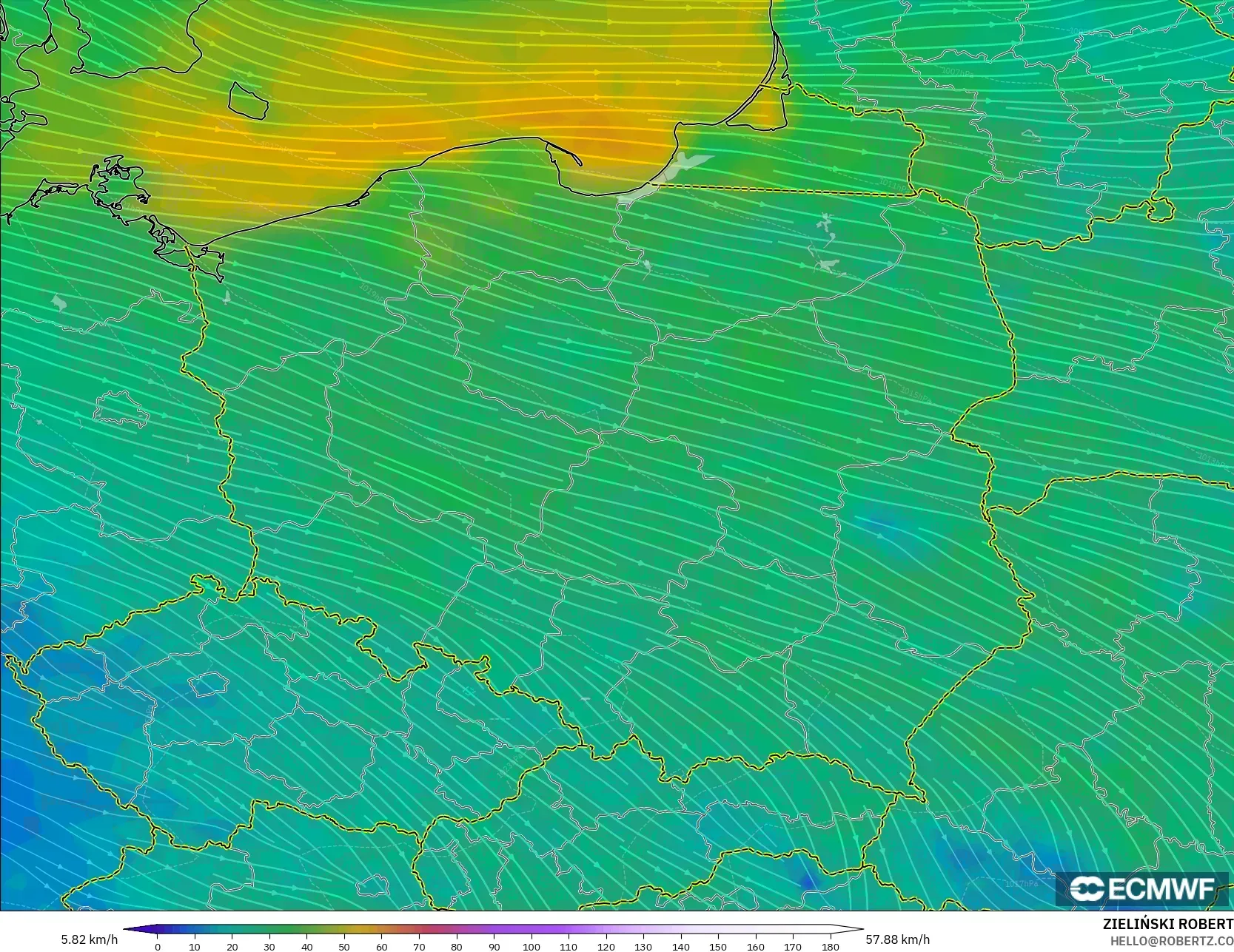 ECMWF IFS 0.25° modelo - Polonia, Viento a 10 m