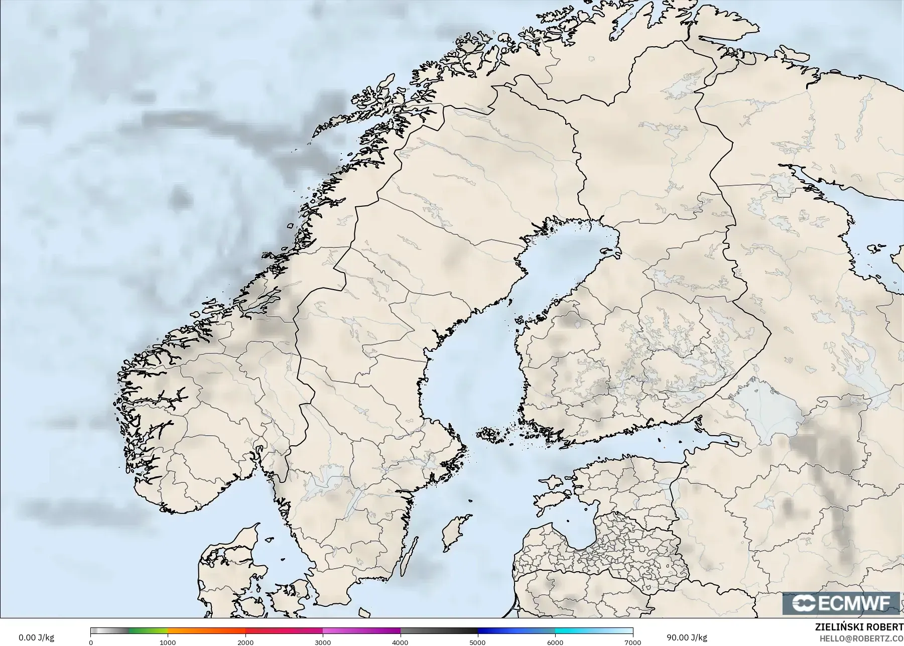ECMWF IFS 0.25° modelo - Escandinavia, CAPE